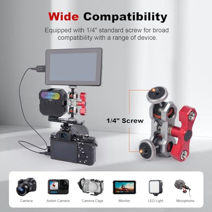 Dual Ball Head Camera Mount with 360 Degree Adjustment - Aluminum Alloy Clamp for Insta360/GoPr0/Camera Cage/LED Light/Microphone - 1/4" & 3/8" Screw Holes with Anti-Slip Design 61013