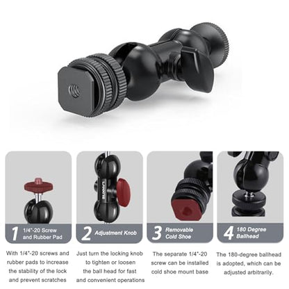 Mini Magic Arm Multi-Function Double Ball Head with 1/4" Screw and Cold Shoe Mount - for DSLR Cameras, Camcorders, LED Video Light, Camera Cage, Monitor, Microphone, Load up to 4.4lb/2kg