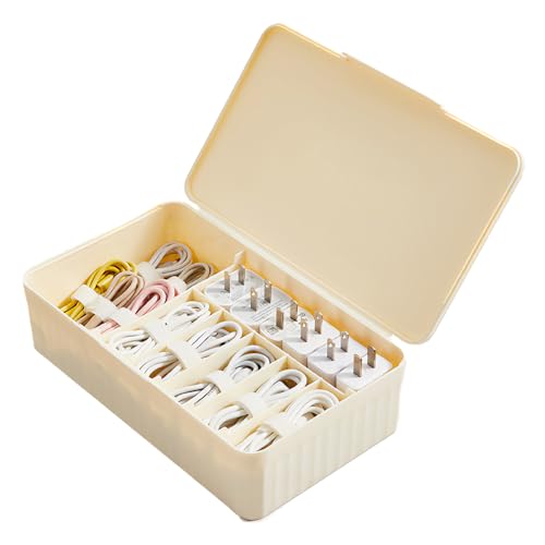 Cable Organizer Box Extra Wide, Travel Charger Cord Earphone Storage Case with Lid (Cream Yellow) - color: Cream Yellow