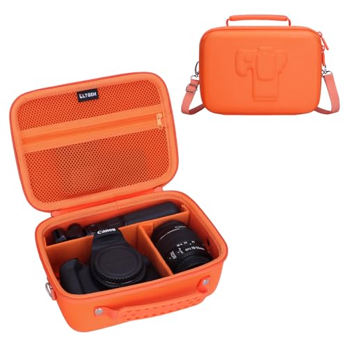 L LTGEM Hard Camera Case Compatible with Canon EOS Rebel T7, R50, R6 Mark II, R100, DSLR SLR Cameras, Lenses, and Tripods, Camera Travel Bag, Featuring 4 Dividers and a Shoulder Strap, Orange - color: Orange