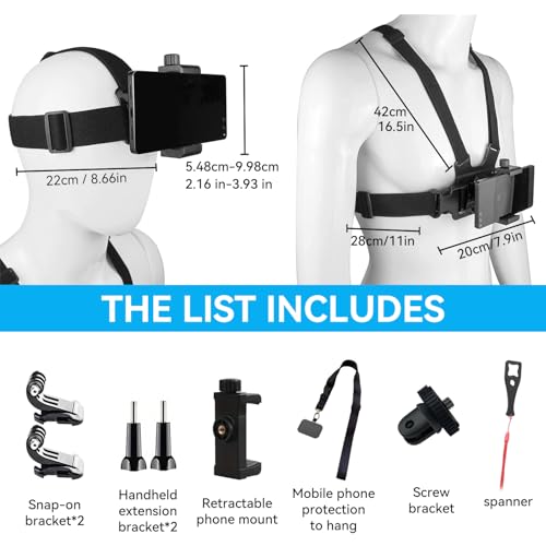 Mobile Phone Chest Strap Harness Mount Head Strap Holder Kit for VLOG/POV, Compatible with iPhone, Samsung, GoPro Hero 9, 8,7, 6, 5, 4, 3,2, 1, DJI Osmo,and Action Cameras