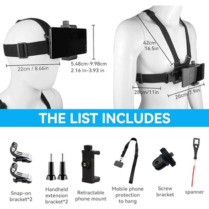 Mobile Phone Chest Strap Harness Mount Head Strap Holder Kit for VLOG/POV, Compatible with iPhone, Samsung, GoPro Hero 9, 8,7, 6, 5, 4, 3,2, 1, DJI Osmo,and Action Cameras