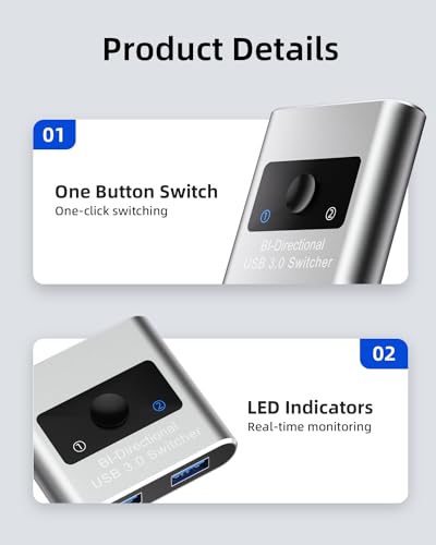 Aluminum USB 3.0 Switch, Bi-Directional 2 in 1 Out / 1 in 2 Out - Share 1 Device for Printer, Keyboard - Includes 2 USB 3.0 Cables (4.9ft) - color: USB Switch