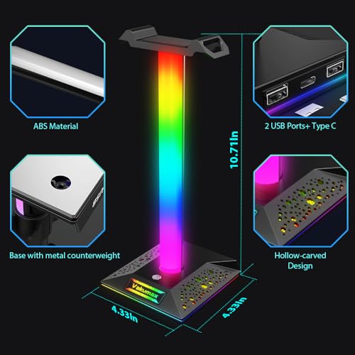 RGB Gaming Headphone Stand with Charging Hub, Headset Holder for Desk with Controller Organizer, 3 Ports USB-A and USB-C, 10 Lighting Modes, Touch Control for PS5 Xbox PC Gaming Setup