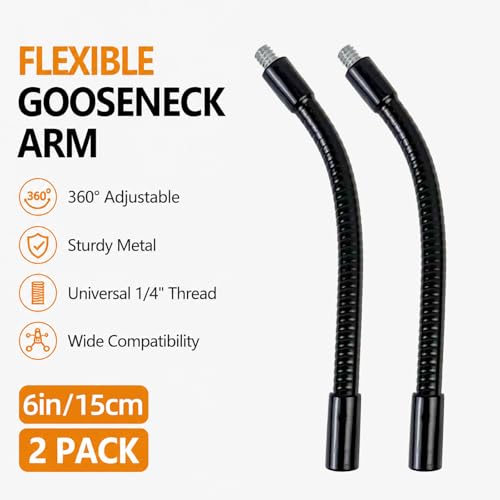 Gooseneck, 2 Pcs 1/4"-20 Female to Male Thread Metal Universal Hose Flexible Arm Gooseneck Tube Extension Holder for Action Camera, Phone, Microphone, Black (6inch) - size: 6inch