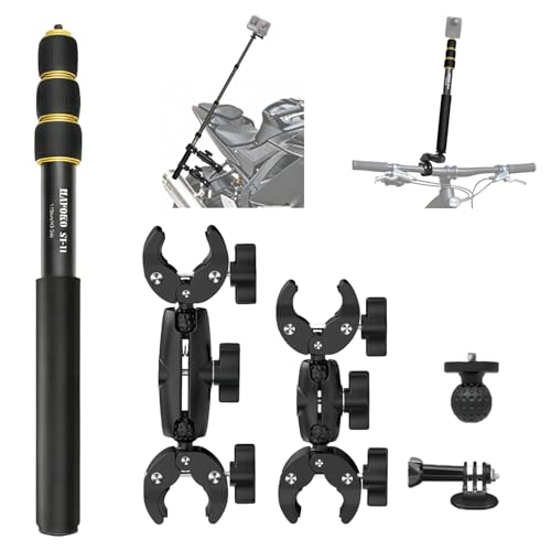 Motorcycle Camera Mount Kit compatible for DJI Osmo Nano 360, Bicycle Double Clamps Handlebar Holder with 43" Invisible Selfie Stick compatible for Insta360 X5-X for UTVs and Vlogging Riding Records - color: Golden