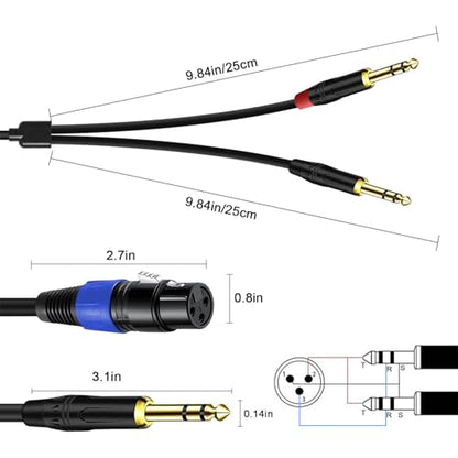 2Pack 6.35mm Dual TRS to XLR Female Cable for Microphone, Mixer, Amplifier, 1.5 FT, Dual 1/4 Male to XLR Audio Cable, Y Splitter Patch Cord, 3-PinXLR to Dual 1/4 TRS Male Converter Adapter Cable - size: 1.5Ft, 2Pack, style: Dual 1/4 to XLR Female