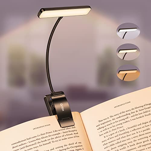 Gritin 19 LED Rechargeable Book Light for Reading in Bed | Eye Caring 3 Color Temps,Stepless Dimming Brightness,Memory Function,90 Hrs Runtime Lightweight Clip on Light for Book Lovers - color: Black