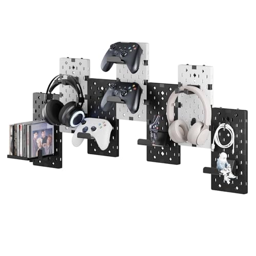 PEGZONE Controller and Headphone Holder Wall Mount, Modular Gaming Pegboard with Accessories, Controller Stand, Disc Shelf Organizer, 7pcs, Black & White - color: Black & White, size: 7 PCS