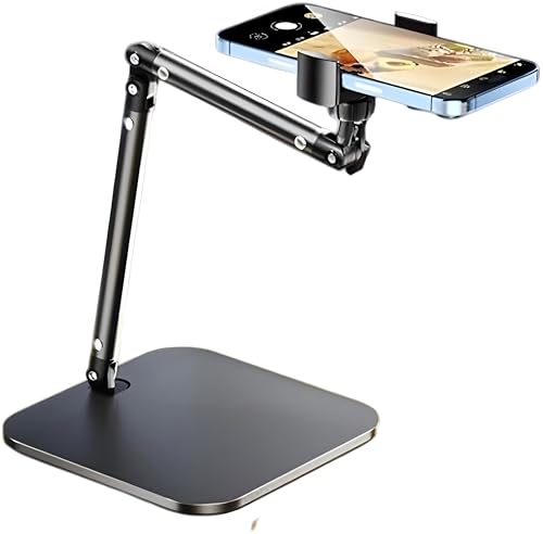 Adjustable Overhead Articulating Arm Phone Stand for Desk, Black Metal | Adjustable Height and Angle, Desktop Video Recording Tripod, Live Streaming, Photography Holder