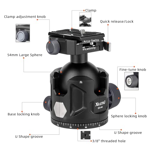 Aluminum Ball Head for Shooting Tripod 360° Panoramic Ball Head for DSLR Camera Compatible with Arca Swiss and Picatinny Maximum Load Capacity of 55lbs for Hunting and Photography (44mm) - size: 44mm