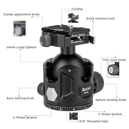 Aluminum Ball Head for Shooting Tripod 360° Panoramic Ball Head for DSLR Camera Compatible with Arca Swiss and Picatinny Maximum Load Capacity of 55lbs for Hunting and Photography (44mm) - size: 44mm
