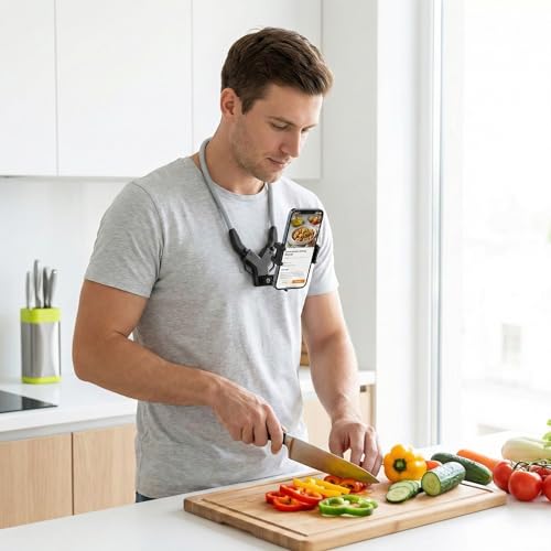 Neck Phone Holder, Hands-Free Chest Mount for Recording & POV Vlog, Phone Neck Mount with Adjustable Clip & Strap for iPhone Android, Cooking Fitness Fishing Content Creator