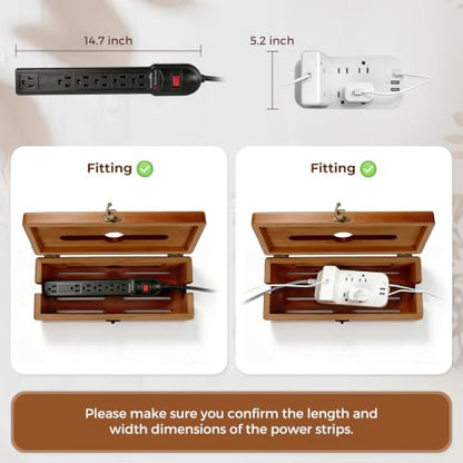 Cable Management Box with Latch, Soild Wood Cord Box with 4 Open Slots, Cable Box to Hide Cords and Power Strip - size: Large