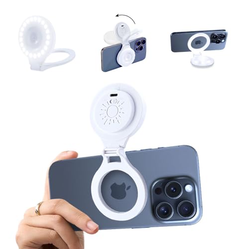 Selfie Ring LED Light for iPhone Picture,Magnetic Phone Light Camera Laptop Photography Lighting,Desk Ringlight Tripod Stand Video Record Streaming Vlog Makeup,Tiktok Content Creators Essentials Clip - color: White