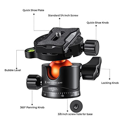 K&F CONCEPT 32mm Metal Tripod Ball Head 360 Degree Rotating Panoramic with 1/4 inch Quick Release Plate Bubble Level for Monopod Camera Camcorder Load Capacity up to 26.4lbs/12kg - size: 12 kg Capacity