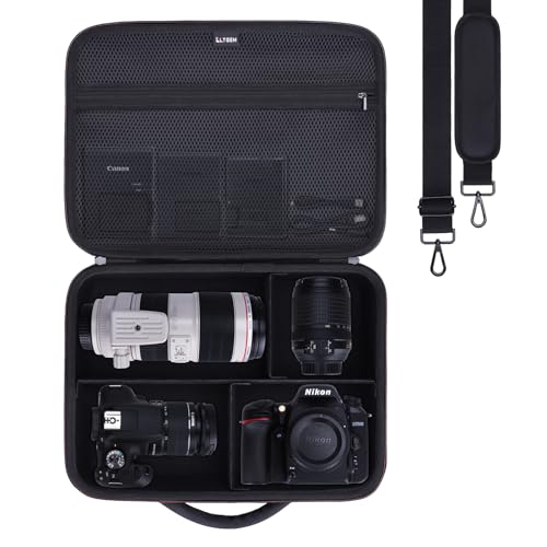 L LTGEM Large Camera Case Compatible with Canon/Sony/Nikon DSLR Mirrorless Camera and Multiple Lens, Hard Travel Carrying Case with 5 Dividers and Shoulder Strap, Black - color: Black, size: Large