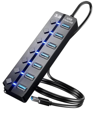 USB Hub for Laptop, SNLLMZI 7-Port USB 3.0 Hub Splitter with Individual On/Off Switches and Lights, 4ft/1.2m Long Cable Compatible for Laptop,PC Computer,Surface Pro,PS4/5,Flash Drive,Mobile HDD,etc.