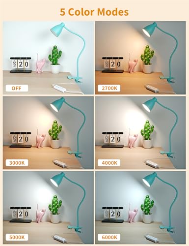 BOHON Desk Lamp with Clamp, Clip on Light, 5 Color 10 Brightness, Teal | 10W 38 LED Flexible Gooseneck Clip Lamp, Auto Off Timer, Desk Lights for Office Home Bed Bedside Reading, Adapter Include - color: Teal