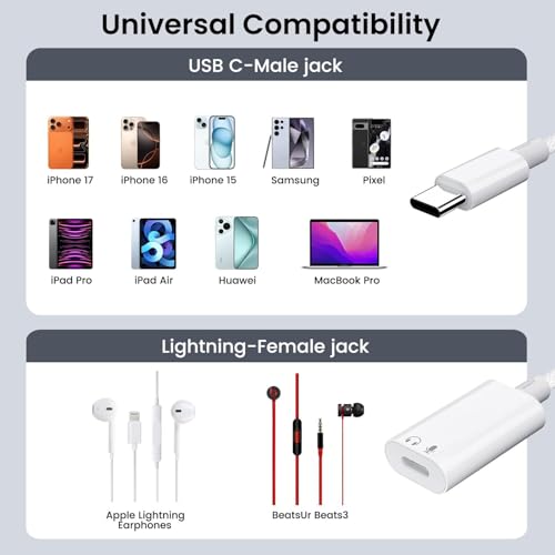 USB C to Lightning Headphone Audio Adapter, USB C Male to Lightning Female Earbuds Audio Adapter Compatible with iPhone 17/Air/16/16e/15 Plus/Pro/Max/15, iPad Pro, iPad Air 6/5/4, MacBook (No Charge) - color: White