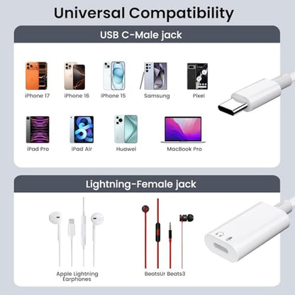 USB C to Lightning Headphone Audio Adapter, USB C Male to Lightning Female Earbuds Audio Adapter Compatible with iPhone 17/16/16e/15 Plus/Pro/Max, iPad Pro, iPad Air 6/5, MacBook (No Charge)[100 Pcs] - color: 100Pcs-White