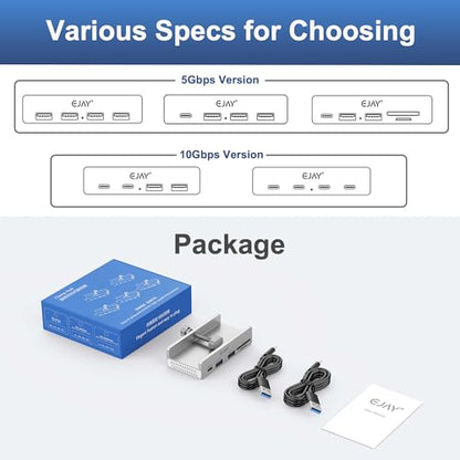 EJAY 5Ports USB3.0 HUB Alu Splitter Desktop Docking with Card Reader for Desk/Monitor Clipping with Extra Power Supply Port,59inches Data & 39inches Power Cable-5Gbps(Silver) - size: with SD Card Reader