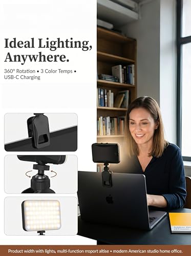 91 LED Portable Charger Selfie Light Video Conference Lighting | Clip & Camera Tripod Adapter, Rechargeable 2000mAh, CRI 96+, 4 Light Modes, For Phone iPhone Webcam Laptop Makeup - color: Matte Black