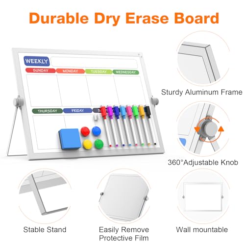 Desktop Whiteboard 16x12 Stand, Double Sided Dry Erase Board Kids | Portable with Handle, Foldable Aluminum Stand, 360° Angle, 8 Markers 4 Magnets 1 Eraser, Smooth Magnetic Surface - size: 16"W x 12"H