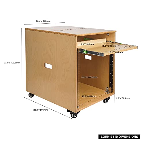 Sound Town 10U Solid Baltic Birch Plywood Studio Rack Desk with Slide-Out Tray, Rubber Feet, Casters, for Recording, Podcasts, Broadcasts, Streaming, Golden Oak (SDRK-ST10) - size: 10U, Golden Oak w/ Tray