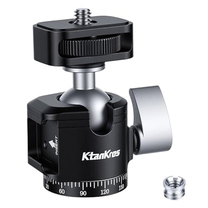 MI-1 Mini Ball Head – Compact 360° Rotating Camera Mount with 1/4" Screw, Cold Shoe Accessory Holder, 90° Tilt & 3/8" Adapter for DSLR, Mirrorless, Smartphones and Lighting Accessories