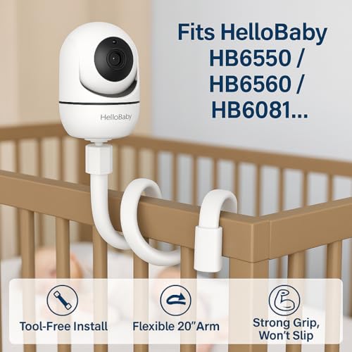 HelloBaby Baby Monitor Mount for HB6550/ Pro/ HB6550Plus/ HB6560/ HB65/ HB6240/ HB6339/ HB6351, 20 Inch Flexible Arm Bracket, Sturdy Camera Holder Attaches to Crib Cot Shelves, No Tools or Wall Damage - size: 20 inch mount