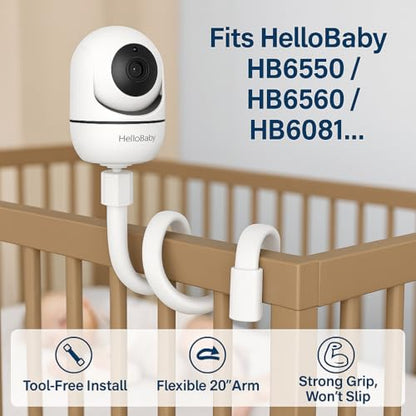 HelloBaby Baby Monitor Mount for HB6550/ Pro/ HB6550Plus/ HB6560/ HB65/ HB6240/ HB6339/ HB6351, 20 Inch Flexible Arm Bracket, Sturdy Camera Holder Attaches to Crib Cot Shelves, No Tools or Wall Damage - size: 20 inch mount