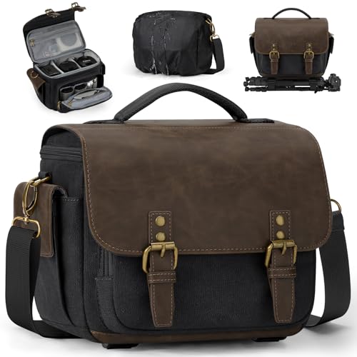 RAINSMORE Camera Bag, Vintage Canvas Camera Sling Bag Small Waterproof DSLR SLR Mirrorless Crossbody Camera Case for Photographers with Rain Cover & Tripod Holder for Sony Canon Nikon Fujifilm, Black - color: Black
