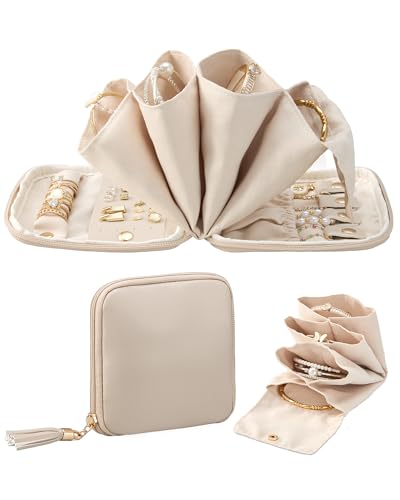Lolalet Travel Jewelry Case Organizer, Small Jewellery Pouch with Compartments for Storage, Soft Velvet Bag for Traveling Women, Packing for Necklaces, Earrings, Bracelets -Oatmeal - color: Oatmeal