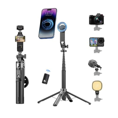 Magnetic Phone Tripod 53" Portable Selfie Stick for iPhone MagSafe GoPro Action Cameras with Rechargeable Remote Compatible with Android Travel Vlogging Live Streaming Content Creators