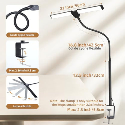 Motumen Led Desk Lamp for Home Office, Eye-Care Architect Light with Clamp, Smart Double Head Computer Monitor Table Clip Lamp, Adjustable Flexible Goose-Neck, 25 Lighting Models, Task Lamp, Black - color: Black