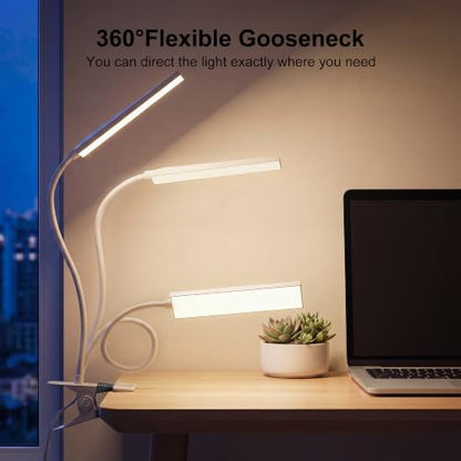 Vansuny Clip on Light LED Desk Lamp with Metal Clip, 6 Level Brightness 3 Color Modes, Power by USB Port 5W Adjustable Neck Eye-Caring Reading Light for Home and Office, White - color: White