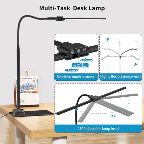 KableRika Desk Lamp Double Light: Bright Led Desk Lights for Home Office - Eye Care Reading Table Lamps with Base - Dimmable Desktop Lighting for Computer Monitor Study Drafting - color: Black-Base