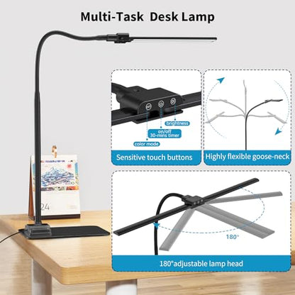 KableRika Desk Lamp Double Light: Bright Led Desk Lights for Home Office - Eye Care Reading Table Lamps with Base - Dimmable Desktop Lighting for Computer Monitor Study Drafting - color: Black-Base