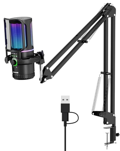 SINWE Gaming Microphone with Adjustable Boom Arm- USB PC Mic for Streaming, Gaming, Podcasts, PC, PS4 -Includes Pop Filter, Shock Mount, Quick Mute & RGB Lighting,Noise Cancelation & Gain Control
