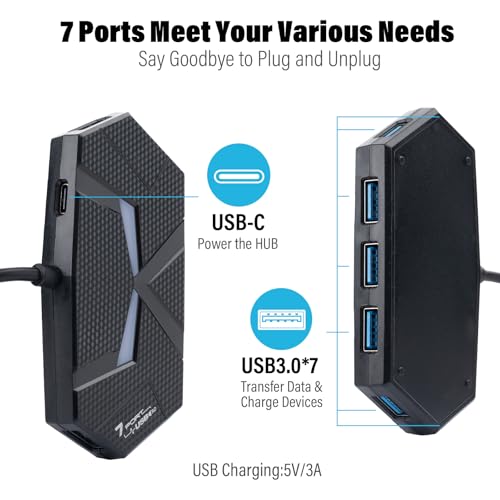 USB A Hub with 7 Ports 3.9ft Long Cable, Multiple USB 3.0 Hub Splitter, USB Extender Adapter for Laptop, Desktop, PC, Flash Drive, HDD (USB-A, 7 Ports - 3.9ft) - size: 7 Ports-A, style: USB-A