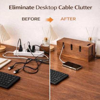 Cable Management Box for Desk & TV, Wooden Cord Hider Box for Power Strips, Chargers & Cords, Decorative Cable Organizer with 20 Reusable Cable Ties, Brown