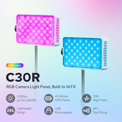 Godox C30R RGB Camera Light Panel 30W, Portable Led Camera Video Light Panel w/Diffusion, 1800K~10000K, Fast Rechargeable, Ultra Bright, Full Color LED DSLR Lighting for Photography & Video YouTube - color: C30R