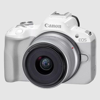 Canon EOS R50 Mirrorless Camera (White) with RF-S 18-45mm F4.5-6.3 is STM Lens 5812C012 Bundle with Deco Gear Photography Bag + Microphone + Tripod + Premium Photography Pro Ebook & Accessories Kit - color: White