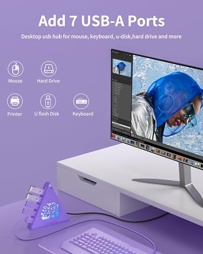 7-Port USB 3.0 Hub, Deep Purple Vertical USB Expander with Tree RGB Lighting, 5Gbps Data Transfer, 2FT Cable, Compatible with Laptop, Desktop, PS5, Xbox, Printer, Flash Drive, HDD - color: 3-Tree Deep Purple