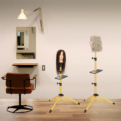 ZQIAN BEAUTY Wig Stand Tripod 50 Inch Metal Wig Mannequin Head Tripod Stand For Hairdressing Training Head Adjustable Wig Tripod Stand with Tool Tray (Golden, Mannequin Head Not Included) - color: Golden, size: 50 Inch