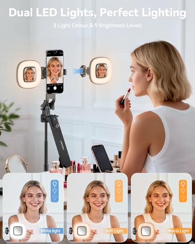 TECKNET 71" Selfie Stick Tripod for Phone with Light, Portable Extendable Cell Phone Tripod Stand with Wireless Remote and Phone Holder, with Wireless Remote Control for iPhone/Android/Camera - color: Light Black