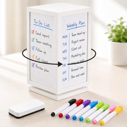 Lincia 12" x 6.5" x 6.5" 4-Sided Rotating Desktop Whiteboard Tower, Dry Erase Board Planner with 8 Markers and Eraser, Multi-Surface Memo Board for to-Do Lists, Weekly Planning, Office, Home, School - style: 4-sided