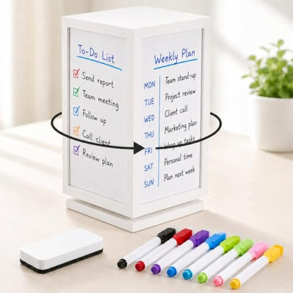 Lincia 12" x 6.5" x 6.5" 4-Sided Rotating Desktop Whiteboard Tower, Dry Erase Board Planner with 8 Markers and Eraser, Multi-Surface Memo Board for to-Do Lists, Weekly Planning, Office, Home, School - style: 4-sided