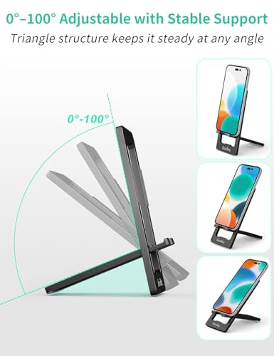 Aoviho Phone Stand for Desk, Ultra-Thin Foldable Aluminum Phone Holder, Portable Travel & Office Cell Phone Stand Compatible with iPhone 17 16 15 14 13 12 Pro Max, Fits 3.7"-7" Devices, Black - color: Black